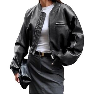 Women Black Faux Leather Cropped Bomber Jacket Baseball Collar Zip Up